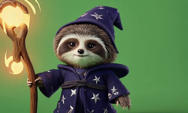 Green screen video showing a miniature sloth dressed as a wizard with glowing staff slowly performing cute magic scene