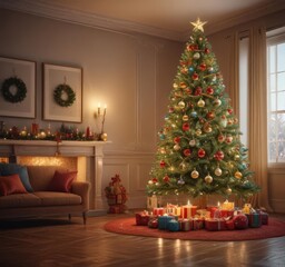Sparkling Christmas tree, colorful ornaments, warm room ambiance,  silver,  sparkle