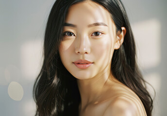 Naklejka premium Beautiful Asian Woman Portrait Soft Light Skincare Beauty Natural Makeup