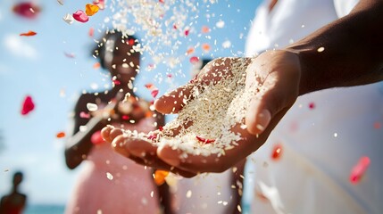 Fototapeta premium Hand Throwing Rice at a Wedding: A hand scattering rice or flower petals at a wedding ceremony, with the couple in the background. 