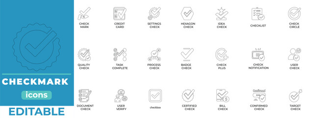 Stylish checkmark outline vector icons for apps, web, print. Clean, editable symbols for corporate branding, checklists, modern UI designs.