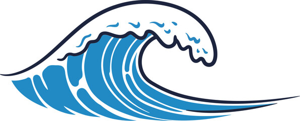 Ocean wave illustration with blue and white colors in dynamic movement and smooth lines for graphic design and branding purposes 