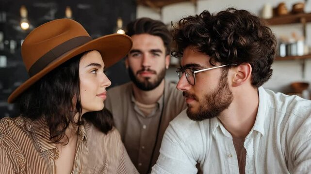 Conversation at a cafe: A woman wearing a brown hat sits at a table, listening intently as two men, one with glasses, one with a beard, engage in a conversation. The soft light.