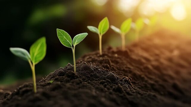 Growth Journey: Young sprouts emerge from the soil, bathed in the warmth of the sun, symbolizing renewal, growth, and the promise of the future.
