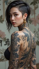 Fototapeta premium A captivating portrait featuring a young woman with an undercut hairstyle adorned with ornate gold