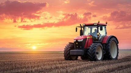 Red Tractor Plowing Field at Sunset with Dramatic Sky and Clouds