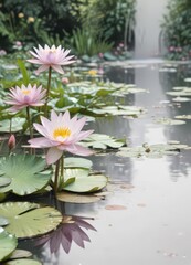 Pastel watercolor water lilies in a garden setting, white backdrop, elegant, peaceful