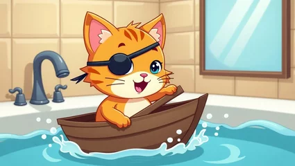 cute cartoon kitten wearing a pirate eyepatch, steering a paper boat in a bathtub, splashy bathroom scene, adventurous and adorable style