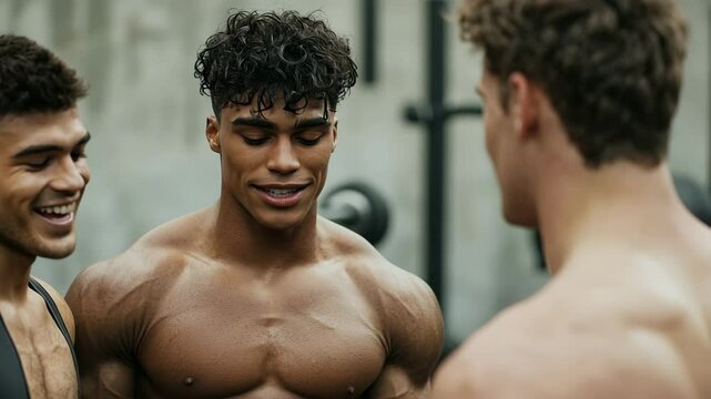 Muscular Bodybuilder Conversation: A group of well-built bodybuilders converse animatedly, showcasing their physique and camaraderie in a modern gym setting. Capturing dedication, health.