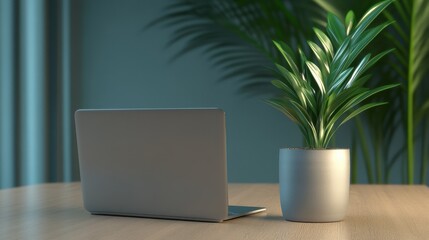 Fototapeta premium A modern laptop and potted plant create a serene workspace ambiance.