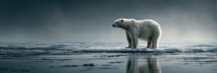 Fototapeta premium Emaciated Polar Bear Stands on Small Ice Fragment Surrounded by Ocean Under Gray Sky, Highlighting Arctic Ice Melt Crisis Generative AI