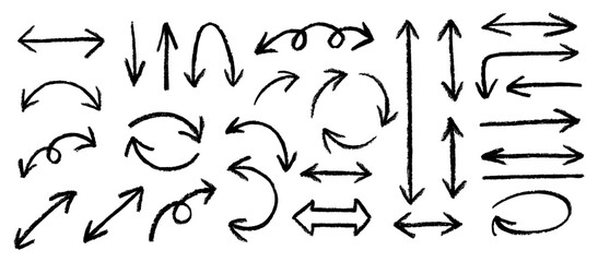 Black charcoal arrows strokes.Set of black double arrows on white background. Brush elements for notes and underlining in text