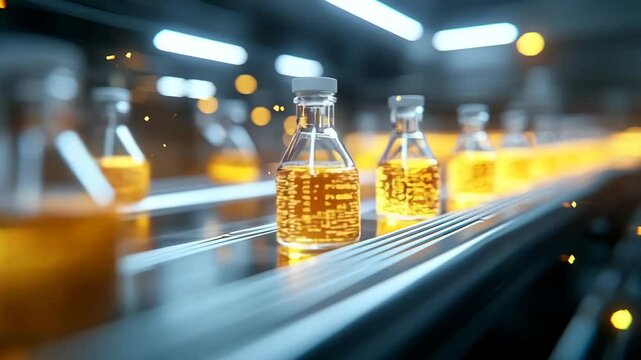 Conveyor Belt of Amber Vials:Close-up of amber vials filled with liquid moving along a modern, gleaming conveyor belt in a high-tech pharmaceutical or laboratory setting.