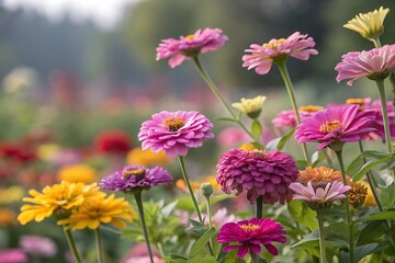 Fototapeta premium Vibrant Zinnia Field: A close-up of a field of colorful zinnias in full bloom, the vivid petals and natural light evoke a sense of joy and tranquility.