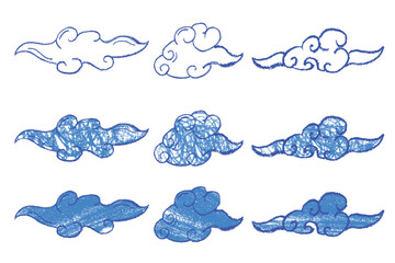 set blue crayon cloud, simple vector hand draw sketch doodle