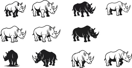 Fototapeta premium Rhino animal silhouettes set with black and white rhino figures in different poses vector illustration 