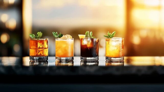 Cheers to Perfection: A quartet of elegantly presented cocktails awaits, each a unique blend of flavors, meticulously garnished, set against a backdrop of a softly blurred bar and the golden light.