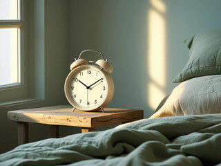 Morning sunlight casts a glow on the alarm clock near the bed.