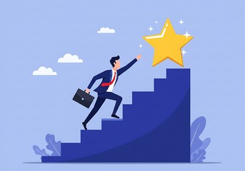 Hoping for success in business, achievement or achieving business goals, smart and confident businessmen climb the ladder to the top to win the valuable star prize.