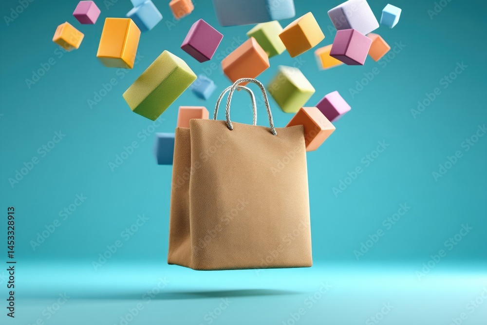 Aufkleber Floating Colorful Parcels Surround an Abstract Shopping Bag in a Vibrant Presentation of Modern Retail Creativity Generative AI