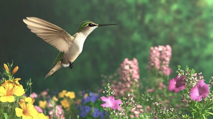 Fototapeta premium Hummingbird in flight among colorful flowers