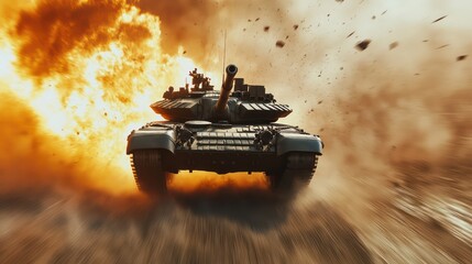 Military tank in war zone explosion