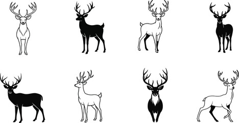 Deer silhouette vector collection with standing and walking poses in black and white design for wildlife nature illustrations 