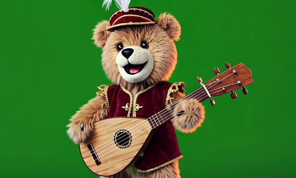 Green screen video showing a tiny bear dressed as a medieval bard performing joyfully with a lute in full animation