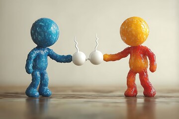 Abstract figures collaborating handing off two white balls with antennae