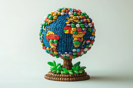 Global unity represented by smiling faces and international flags around a woven earth