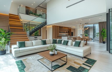 Open-plan modern living area with a contemporary staircase.