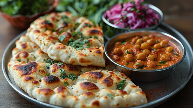 Amritsari Kulcha and Chole, a famous Punjabi street food, featuring stuffed tandoori naan with spicy chickpea masala HD 8K wallpaper Photographic Image