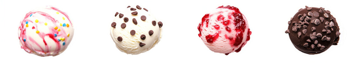Fototapeta premium Assorted Ice Cream Scoops with Various Toppings on White Background