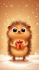 Obraz premium Adorable Brown Cartoon Hedgehog Holding Gift in Snowy Winter Scene