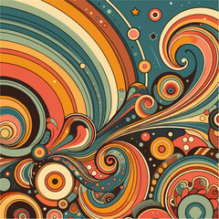 Retro psychedelic abstract illustration with vibrant swirls, circles, and colorful curves in warm vintage tones. Ideal for backgrounds, posters, and groovy 70s-style designs.