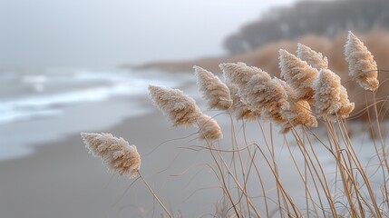 beachscape with soft beige colors and pampas grass.  HD 8K wallpaper Photographic Image