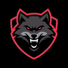 Intense Stylized Grey Wolf Head with Piercing Red Eyes in a Shield Logo