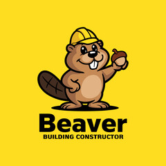Friendly Cartoon Beaver Character with Construction Hat Holding Acorn Logo