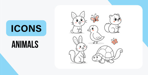 A cute vector set of floral elements for your design features a cartoon rabbit and bear among the drawing's funny animal art