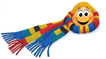 Cheerful Cartoon Face in Colorful Knitted Scarf