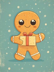 Cheerful Gingerbread Man Holding Gift Pixel Art Illustration