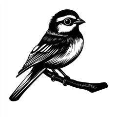 Obraz premium Detailed Illustration of a Sparrow Perched on a Branch in Minimalist Black and White Style