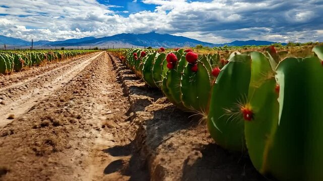 Cactus Farm Vista: A sprawling cactus farm basks under a dramatic sky, rows  of vibrant green cacti stretching toward the horizon, framed by the rugged  peaks in the background.