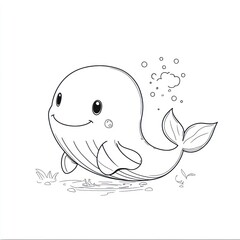 Obraz premium Playful Cartoon Whale Swimming in Ocean with Bubbles and Smiling Face for Children's Illustrations and Creative Designs