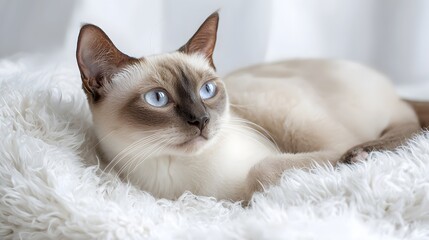 Obraz premium Beautiful Siamese Cat Relaxing on Soft White Fur Blanket