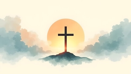 Obraz premium A serene digital watercolor of a black Christian cross centered against a glowing sunrise, surrounded by soft clouds. Ethereal, spiritual, and peaceful, with warm hues blending into cool tones, symbol