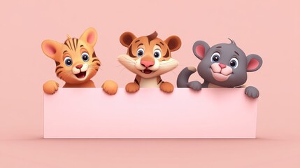 Naklejka premium Cute cartoon tigers and a mouse holding a blank sign