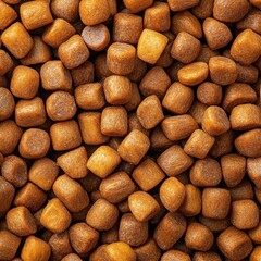 Close-up of small, brown dog food pellets scattered on a surface.