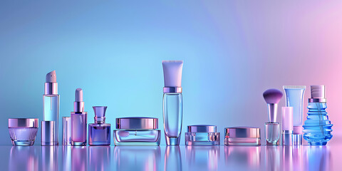 Stylish Skincare and Beauty Products with Sleek Bottles and Jars on Pink and Blue Gradient Background
