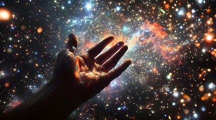 Hand Reaching for the Edge of a Star Cluster: A hand reaching out to touch the edge of a dense star cluster, with brilliant stars of different colors. 
